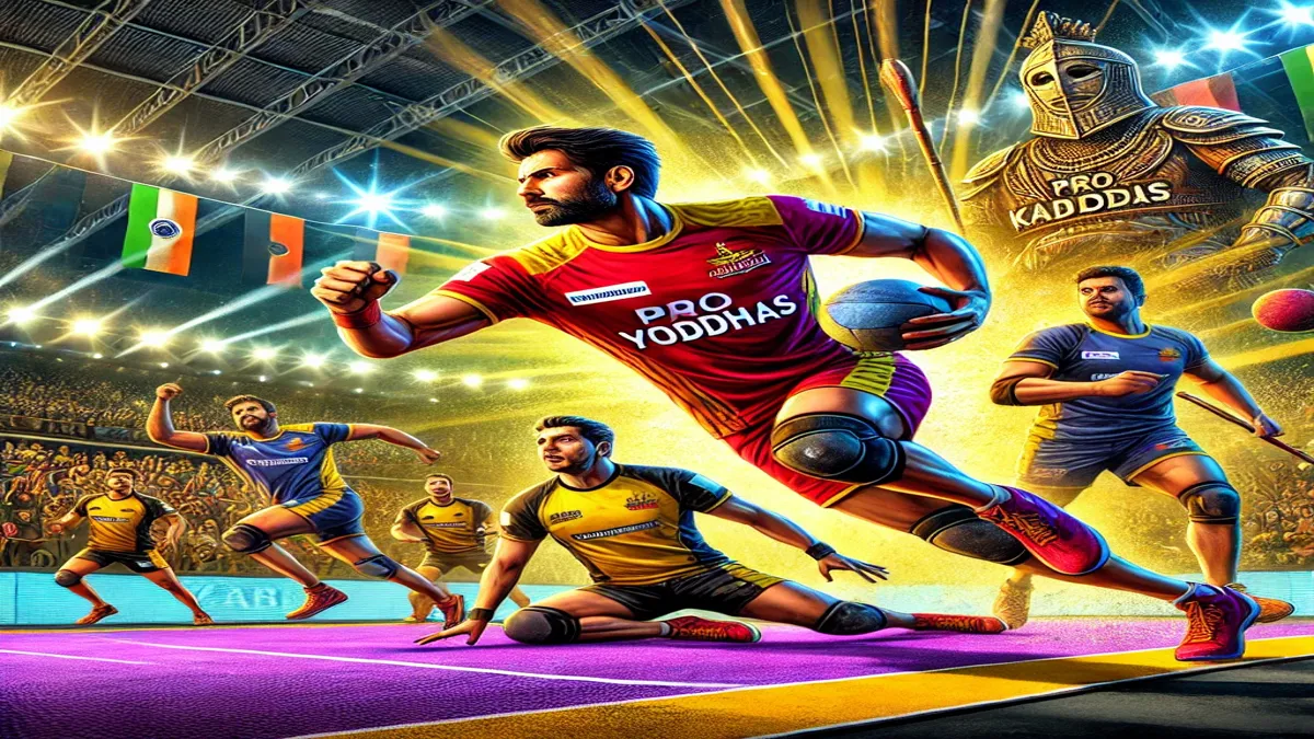 Here is the generated image illustrating the excitement of the Pro Kabaddi League featuring the UP Yoddhas. Let me know if you need further adjustments!
